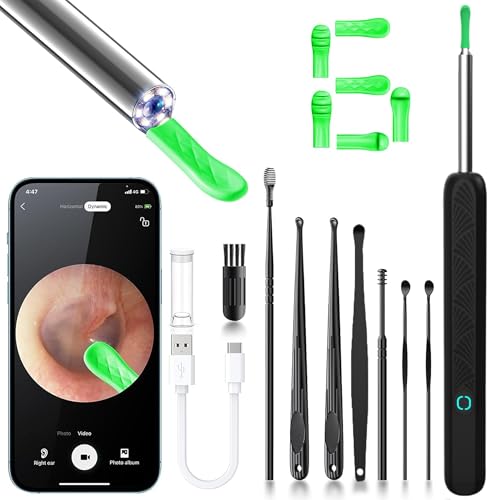 Ear Wax Removal - Earwax Remover Tool with 8 Pcs Ear Set - Ear Canal Cleaner with 1080P Camera - FSA HSA Eligible - Ear Cleaning Kit with 8 Ear Spoon - Ear Camera for iOS & Android (Black)
