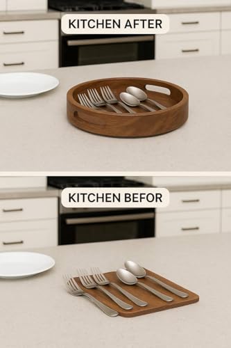 Image of Craft Expertise Round Wooden Serving Tray - 11x11 Inches, Decorative Rustic Brown Mango Wood Platter with Handles - Handmade Home Decor Tray for Coffee Table, Kitchen (Pack-1)