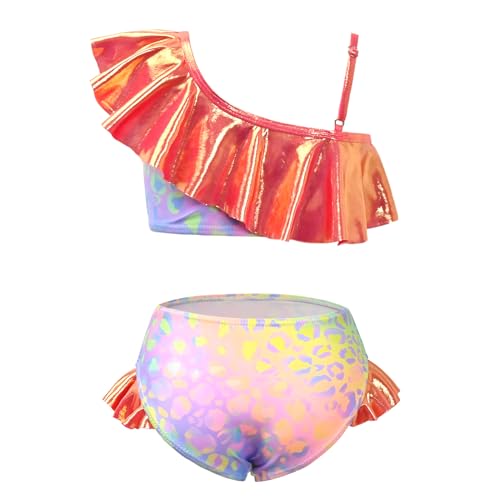 Image of CHILDRENSTAR Girls Metallic Bathing Suits Shiny Ruffles One Shoulder 2 Pieces Swimsuits Cute Bikini Set