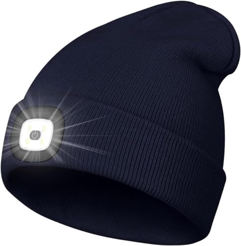 KAVAVO Beanie Hat with Light,USB Rechargeable LED Lighted Beanie Cap,Unisex Winter Warmer Knit Cap Hat for Walking at Night,Fishing,Camping,Hunting,Navy Blue