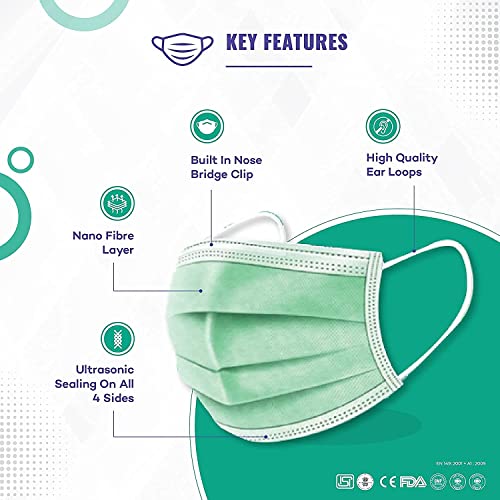 Image of Careview CARE VIEW N95 N95 SITRA Approved, 3 Ply Disposable Surgical Mask (Green, Pack of 100) With Built in Metal Nose Pin and 1 Melt Blown Layer