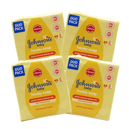 Johnsons Baby Soap Bars Honey 8 Pack (4 Twin Packs) 90g Each - Total 8 individual wrapped Bars Mild & Gentle Formula for Delicate Skin