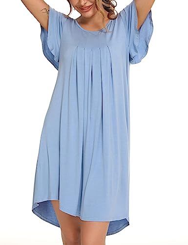 Uniexcosm Camison Mujer, Camisones de Mujer Algodon Camisón de Mujer de Manga Corta con Volantes Camisones Suelto Respirable en Cuello Redondo Vestido para Hogar Casual A:Azul Claro XXL