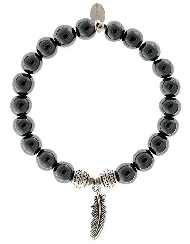 EvaDane Natural Hematite Gemstone Tibetan Bead Feather Charm Stretch Bracelet - Size 9 Inch (1_Hem_S_T_FEA_9)