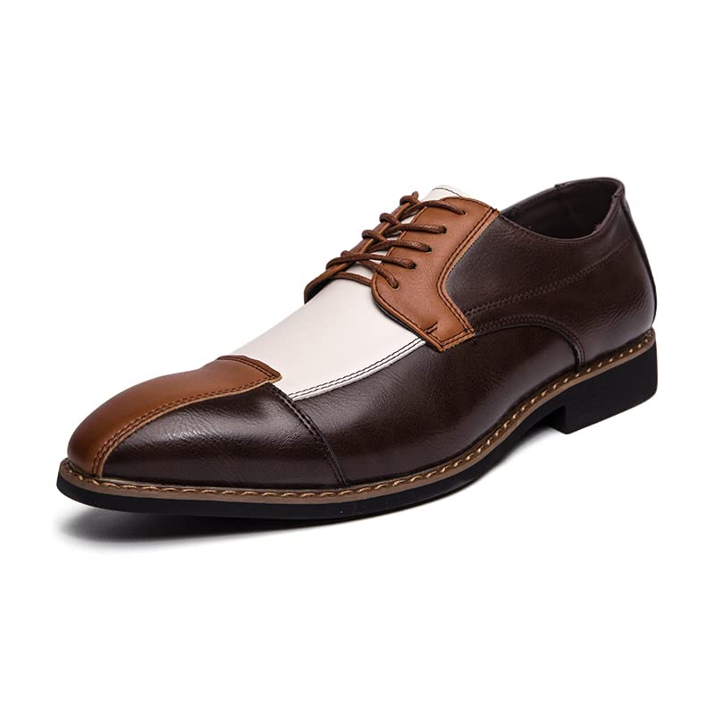 Mens Modern Formal Splicing Cap Toe Oxford Black and White Casual Business Lace Up Leather Dress Shoes for