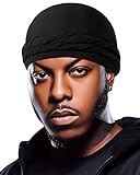 BEACE Silk Satin Lined Pre-Tied Turban Durag Head Wrap for Men & Women, Halo Turban Skull Cap Bonnet Hair Cover for Sleeping Black