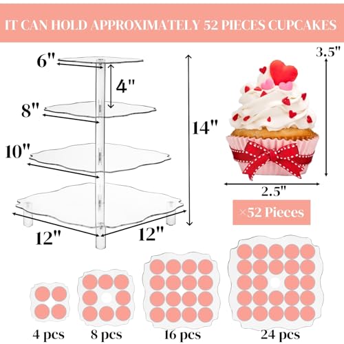 Image of Goaste 4 Tier Acrylic Cupcake Tower Stand, 12 Inch Square Tower Cupcake Display Holder, Clear Dessert Pastry Tower with Rod Feet for 52 Cupcakes, Display for Wedding, Birthday Party, Baby Shower