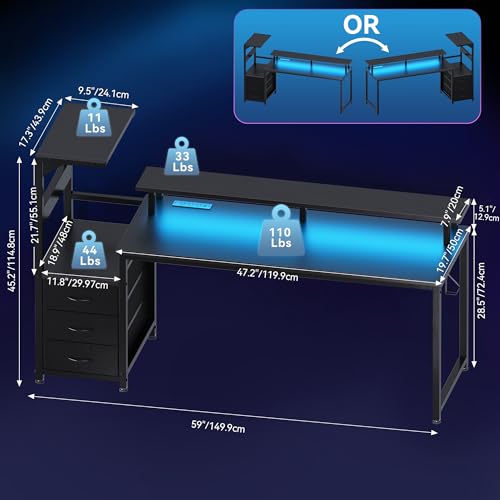 Image of DUMOS 59 inch Reversible Gaming Computer Desk with Drawers and Power Outlet