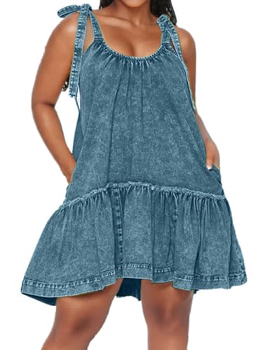 Image of Denim Dress for Women Tie Shoulder Sleeveless Denim Mini Dress Casual Flowy Babydoll Dress Wash Jean Dress