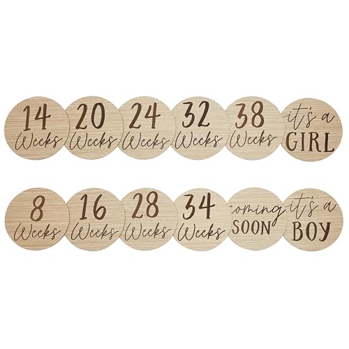 Image of Kate & Milo Weekly Pregnancy Milestone Marker Discs - Classic Cursive Script Wooden Discs With Reversible Photo Props for Baby Announcement and Milestones, Gender-Neutral Gift
