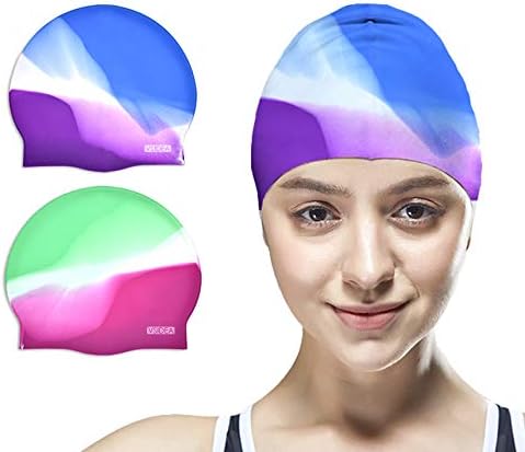 Vsidea Silicone Swim Caps, 2 Pack Durable Comfortable Adult Swimming Cap Elastomeric for Women Man Short Hair Long Hair