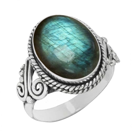 Jeweloporium Ring mit grauem Labradorit, silberplattiert, Größe 61 (19,4), 925er Silber, handgefertigter Schmuck aus natürlichem, ovalem Naturstein