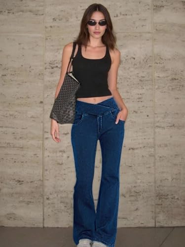 Women's High Waisted Crossover Butt-Lifting V-Waisted Flare Jeans Yoga Denim Pants with Double Pockets2