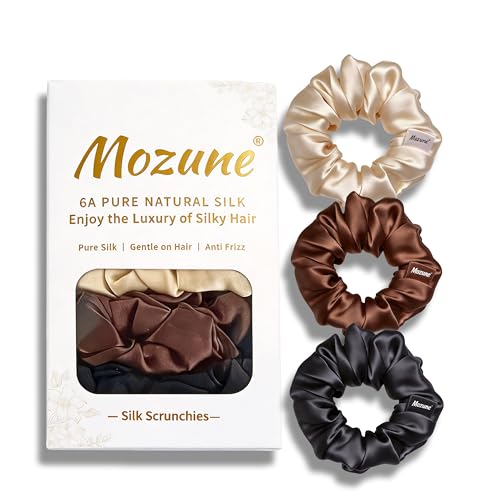 3 Pack Pure Silk Scrunchies 22 Momme Smooth Soft Hair Ties No Crease Frizz and Breakage Protection for Curly Thick or Delicate Hair Gentle Elastic Ponytail Holders (Black+Brown+Light Champagne)