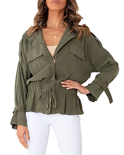 Dellytop Women's Military Safari Jackets Zip Up Lightweight Utility Cargo Anorak Coat With Drawstring #TOP21