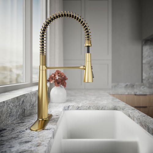 Image of KOHLER 22033-2MB Simplice Kitchen Sink Faucet, Three Function Sprayhead, Vibrant Brushed Moderne Brass