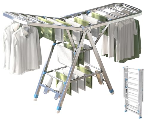 Clothes Drying Rack, 3 Tier Foldable Clothes Drying Stand, 180CM Extra-Large Clothes Airer Laundry Dryer w/Shooe Rack, Stainless Steel, Free-Standing for Sheets Towels Shoe Clothing,Indoor Outdoor Use