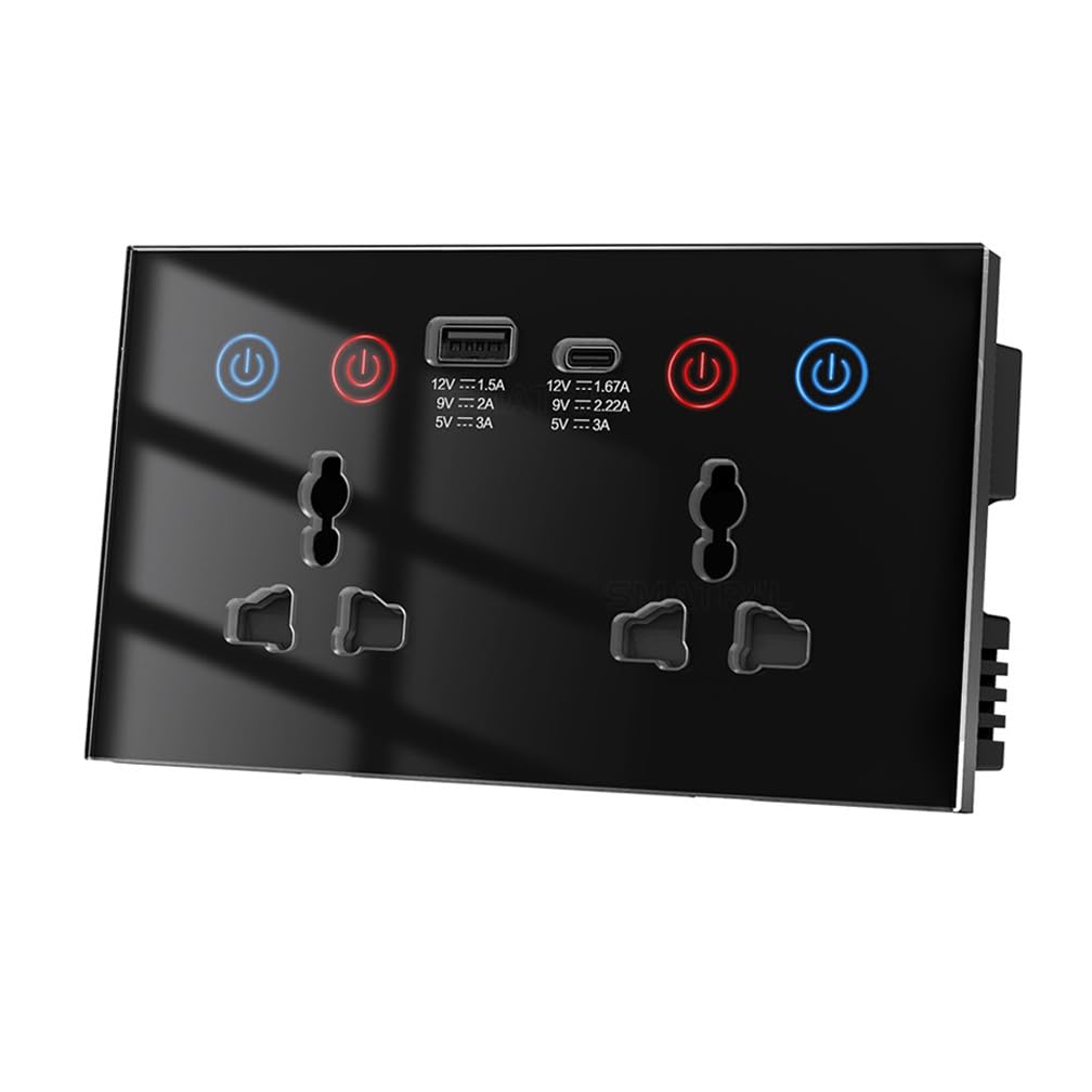 Front view of the black Smart WiFi Wall Outlet showing two universal AC sockets, one USB-A port, one USB-C port, and individual power buttons with LED indicators.