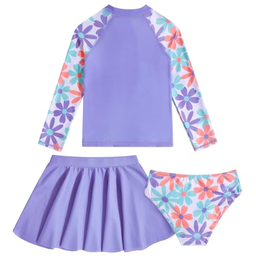 Image of Girls Rash Guard 3 Piece Swimsuit Set UPF 50+ Long Sleeve Swim Skirt Sets Size 6-12 Years
