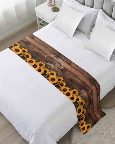 Twin Bed Runner Summer Sunflower Green Leaves Bedding Runner Scarves Decorative Bed Scarf, Vintage Wood Grain Soft Bed Runners for Bedroom Hotel Wedding 71x20IN