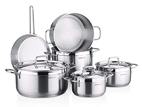 Korkmaz Alfa Plus Couscous 10 Pcs Tri-Ply Bottom Stainless Steel Cookware Set | Sandwich Bottom Induction Compatible Pots and Pans Set | Silver