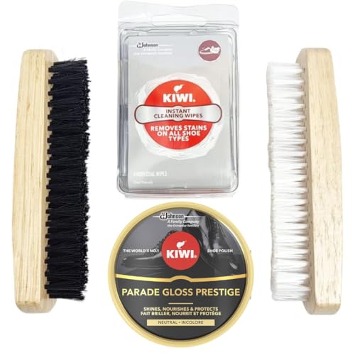 CRSN Set Kiwi Shoe Parade Neutral 50ml with Pack of 2 Shoe Polish Brush and 4 Kiwi wipes. Shoe polish kit for black leather, shoe cleaning kit for perfect finish. Boot cleaner, boot shine brush