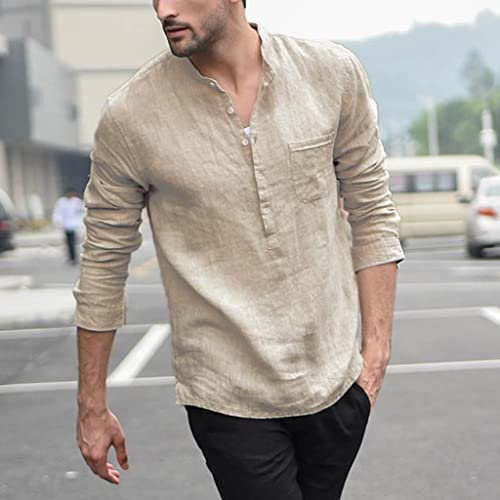 Blusa de manga comprida com botão sólida masculina vintage cores de linho retrô camisas masculinas c
