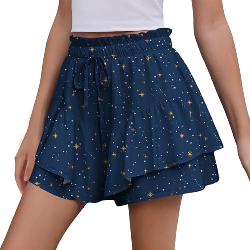 MARSVOVO Fashion Loose Shorts for Women Summer Comfy Breathable Wide Legged Tiered Pleated Flowy Skort Drawstring High Elastic Waisted Beach Vacation Casual Skort Star Blue,XL