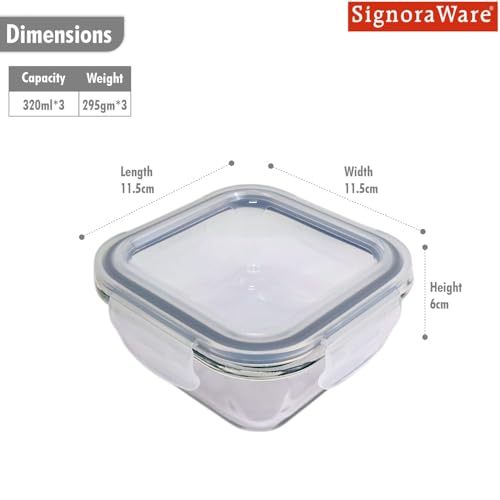 Image of Signoraware Safe N Store Glass Square Containers Set | Airtight & Leakproof | Microwave Safe | Elegant Clear Design for Gifting, Kitchen Storage & Leftovers (320mlx3 | Set of 3 | Clear)