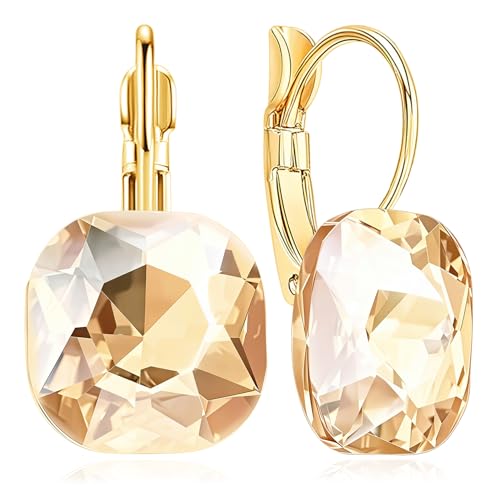 GPASTG Dainty 14k Gold Sparkly Crystal Square Dangle Drop Earrings Chic Alloy Glitter Rhinestone Geometry Leverback Earrings For Women (Champagne)