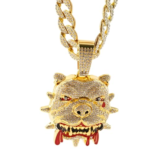 QDDollars Mens Hip Hop Rhinestone Dog Head Pendant Necklace Rock Rapper Jewelry Gothic Punk Rock Iced Out Gold Bulldog Head Cuban Link Chain for Men