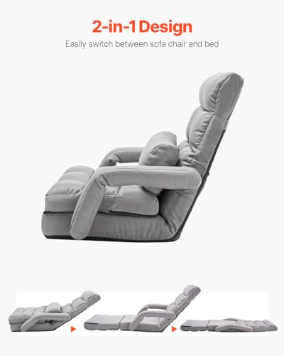 Image of VEVOR Floor Chair, Floor Gaming Chair with 5 Adjustable Position and Back Support, Folding Lounge Chair with Armrest for Adults, Sofa Lounger with Comfy Cushion for Living Room and Bedroom, Gray