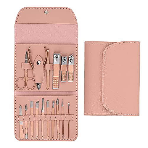 AyuqEjus 16 Pieces Professional Manicure Set-Rose Gold Pedicure Kit Nail Clipper Set with Case Travel for Men Women Teens for Facial, Ear, Fingernail and Toe Cuticle Grooming Care (Pink Leather Case)