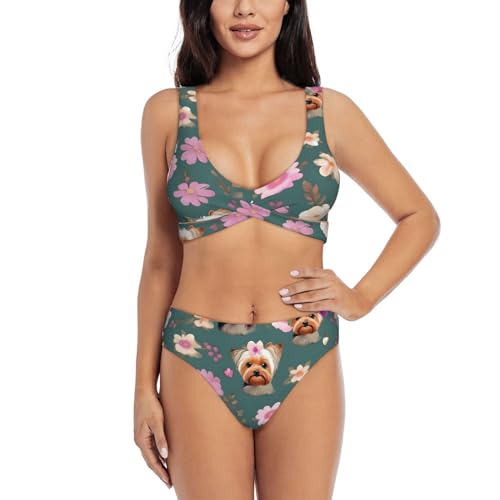Maillot de bain 2 pièces effet gainant Yorkie à fleurs ventre plat silhouette sublimée