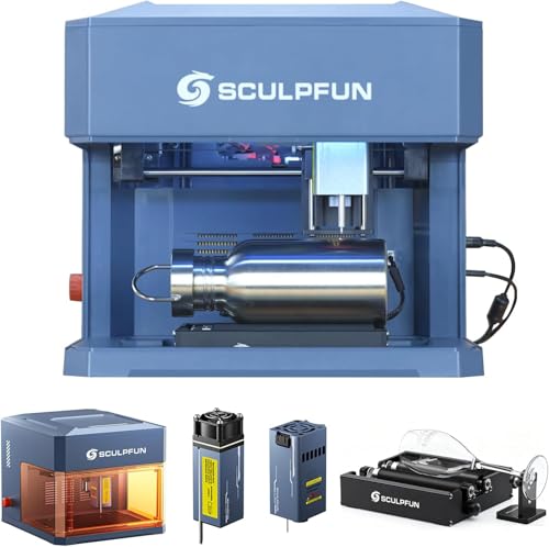 SCULPFUN iCube Ultra Doppelmodule Lasergravierer mit RA Mini Rotationswalze, 12W Diodenlaser + 1,2W Infrarotlaser, Gehäuse Laser Gravurmaschine mit Rauchfilter, Tragbare Laser Cutter Lasergravur