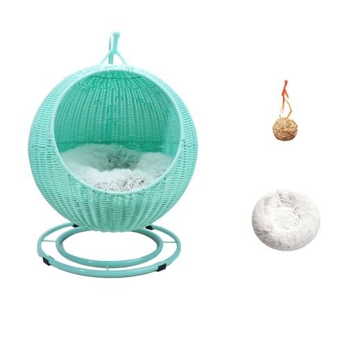 Klivex 猫ベッド 猫ちぐら 編み籠 籐 猫ハンギング ハウス ドーム型 猫小屋スイング プラスチック藤編み キャット ハウス 通気性 通年利用 ペットベッド ラタンかご ウレタンクッション付き 洗濯可能 お洒落 寝台 休憩所 おしゃれ 籐製 屋外 室