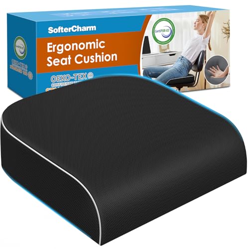 SofterCharm Seat Cushion, Memory Foam Office Chair Cushions for Long Sitting Hours, Chair Pad for Sciatica, Coccyx, Tailbone, Hip Pain & Pressure Relief, Office, Home,Car Seats,Airplane, Black/X-Large