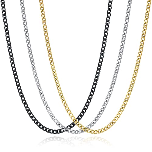 3 Pcs Chain Necklace for men, 4mm Stainless Steel Black Gold and Silver Cuban Chains Men Women, 18