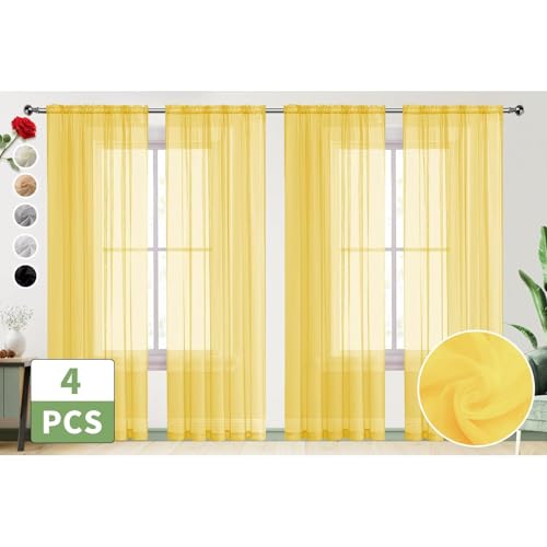 SpaceDresser Yellow Sheer Curtains 4 Panels Rod Pocket Semi-Sheer Curtain 72 Inches Long Light Filtering Voile Window Drapes for Bedroom Living Room Kitchen, Each 52W x 72L by SpaceDresser - Used condition - Image 2