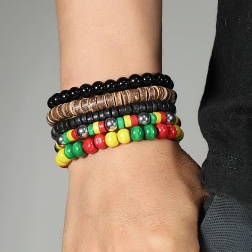 MMIUAEG Black History Month Bracelet Set Juneteenth Bracelets African Wooden Beads Stretchable Bracelets Black Yellow Red Green African Jewelry for Women-Set E