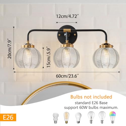 Image of Bathroom Vanity Light Fixture 3 Light Glass Globe Wall Sconce Lights | Black Wall Mount Light Fixtures with 5.9in Clear Glass Shade, Mid Century Modern Wall Sconce for Over Mirror Bedroom Hallway