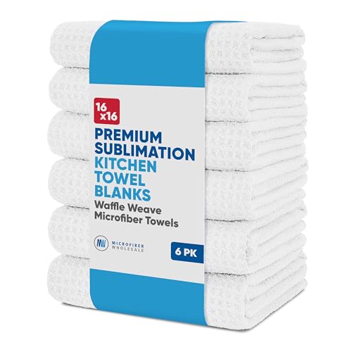 Microfiber Wholesale Sublimation Blanks Towels | Premium Sublimation Kitchen Towels | Waffle Weave Microfiber Towels | Tea Towels | Polyester Towels for Sublimation (16x16 Inches, Pack of 6)