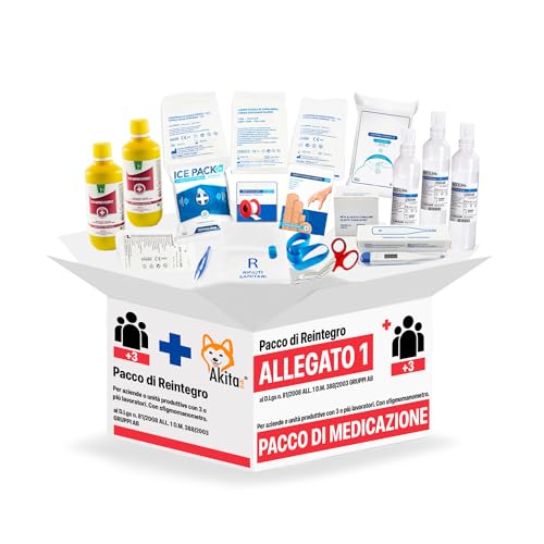 Akitaink Kit di reintegro ALLEGATO 1 SENZA SFIGMOMANOMETRO pacco medicazione per cassetta di pronto soccorso aziendale con un organico di almeno 3 dipendenti, Conforme 388/DL81, Made in Italy