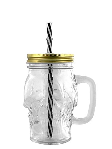 Puckator Skull Design Drinking Glass Jar with Reusable Straw and Metal Lid - Clear/Black/White/Metallic/Gold - Image 3