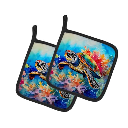 Caroline's Treasures Loggerhead Sea Turtle Pair of Pot Holders Kitchen Heat Resistant Pot Holders Sets Oven Hot Pads for Cooking Baking BBQ, 7 1/2 x 7 1/2