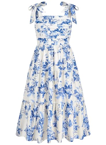 Dolxico Girls Floral Dress Summer Smocked Chiffon Tiered Dresses with Pockets Kids Hawaiian Beach Vacation Party Wedding Birthday Sleeveless A-Line Maxi Sundress for 10-12 Years(Blue Flower)