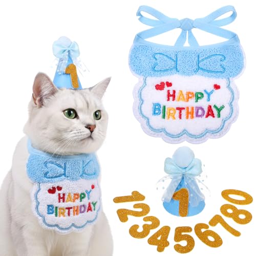 Blue Cat Birthday Hat Cats Party Bandana Hat Numbers for Pet Birthdays Decorations