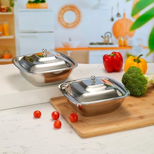 Image of Sumeet Stainless Steel Square Serving Bowl /Curry Bowl /Gravy Pot with lid, 1250ml capacity, 18.8cm Dia, Set of 2 Pcs, Silver