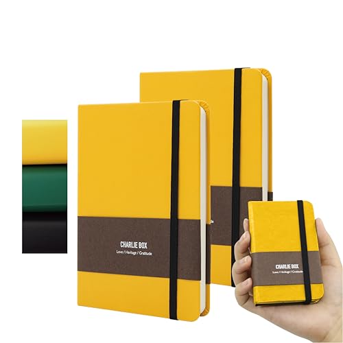 TUNJILOOL A7 Lederjournal - 2er Pack, Dotted/Grid/Blanko, 100GSM, Wasserfest, Gummiband (Gelb)