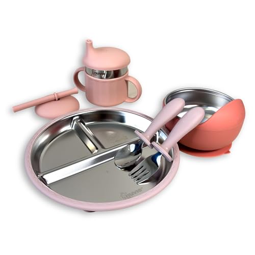 Image of Feeding Set of 4 for Kids | Suction Plate Bowl Spoon Fork Sippy Cup | Stainless Steel | Easy Grip | Self Feeding Set | Dishwasher Safe | 3 Colours (Rosebud)